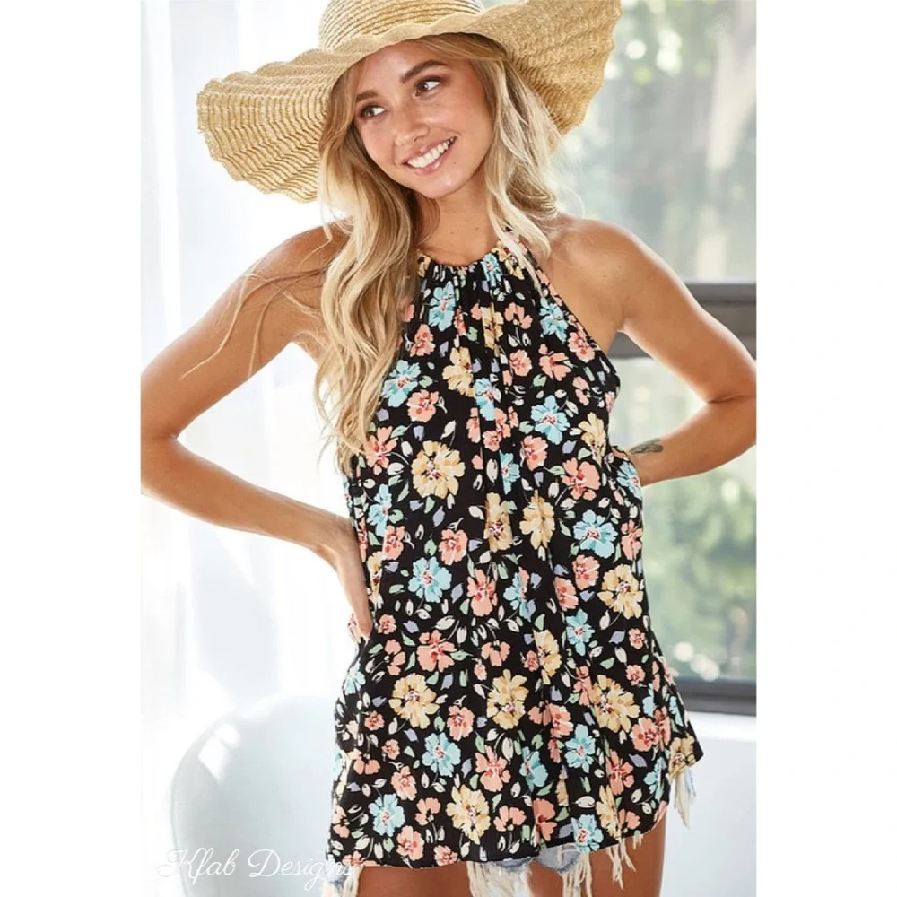❤️LAST ONE! Floral Print Black Woven Back Tie Halter Top! - Picture 2 of 11